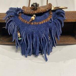 NWT Blue Bohemian Fringe Crossbody Bag genuine leather,skin,beading,suede
